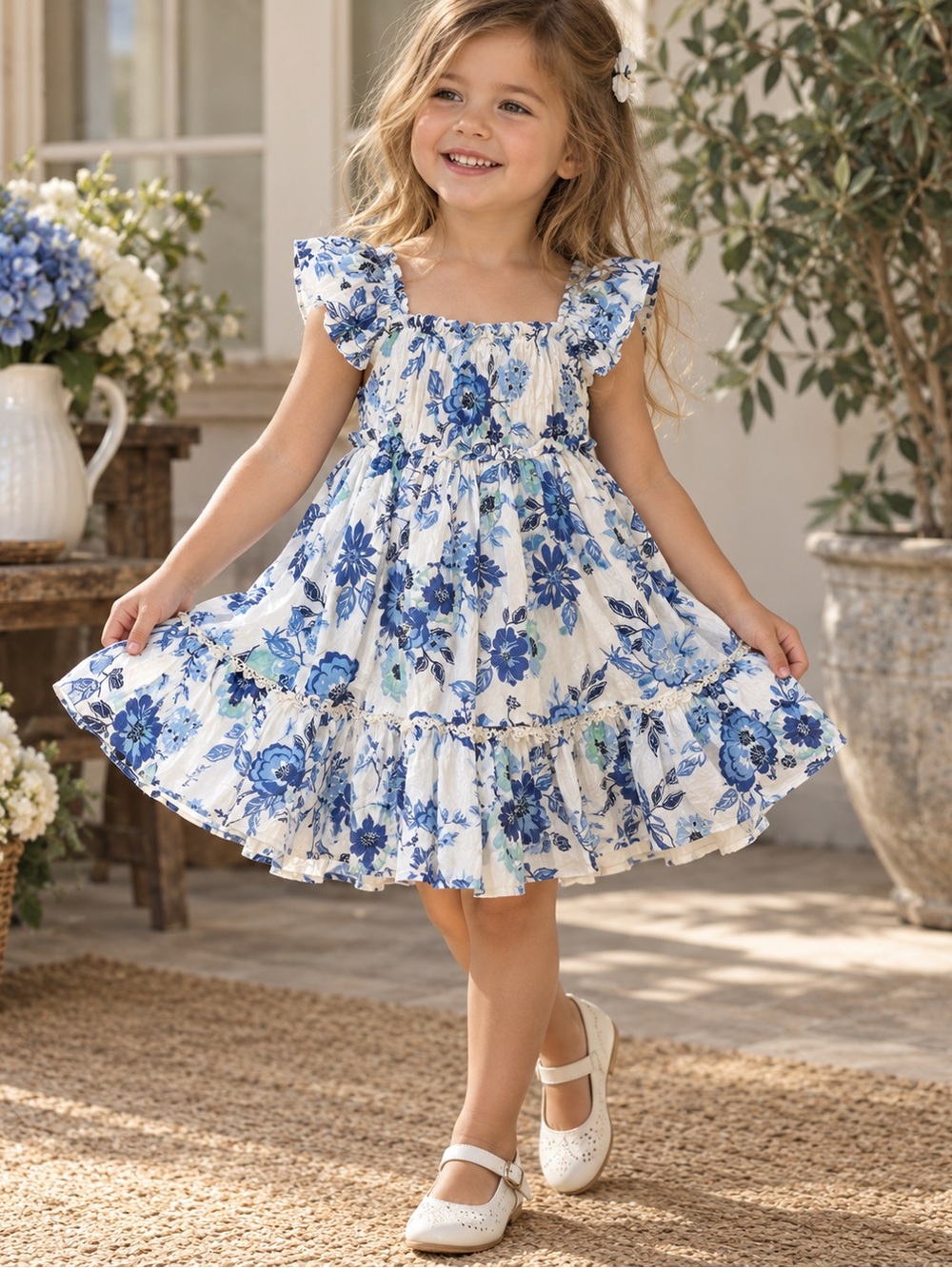 Haute Hippie Kids 4T Blue White Floral Ruffle Tiered Sundress Boho Cottagecore